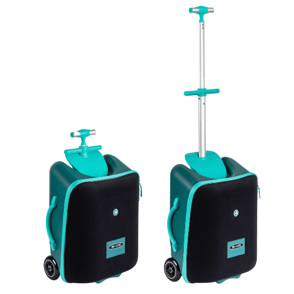 Micro Eazy Luggage trolleykoffer met zitje. Twee naast elkaar, waarvan 1 hendel uitgeschoven