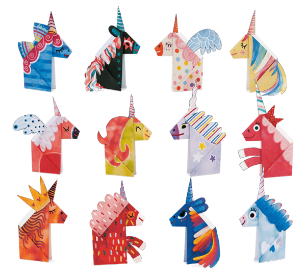 Origami en knutselset met 12 eenhoorns, perfect voor onderweg en thuis