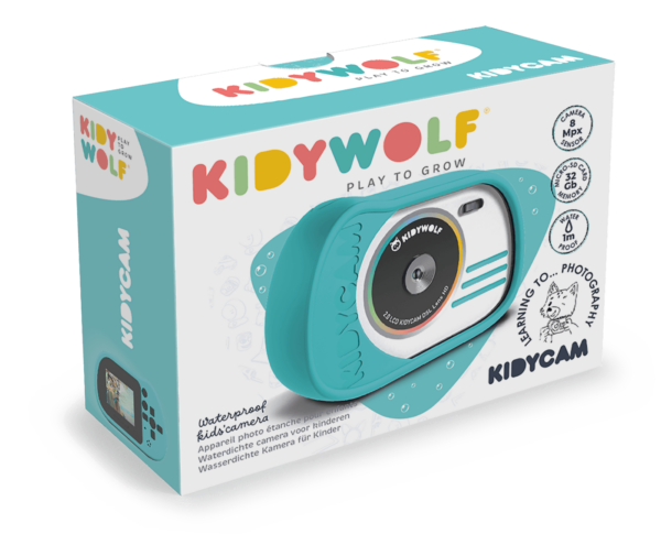 Schokbestendige kindercamera Kidycam cyaan in verpakking