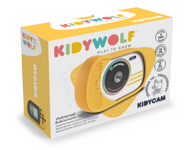 Schokbestendige kindercamera Kidycam oranja in verpakking