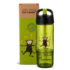 Carl Oscar 2-in-1 waterfles kinderen met snackbeker en dierenmotief . Kleur groen met verpakking erachter