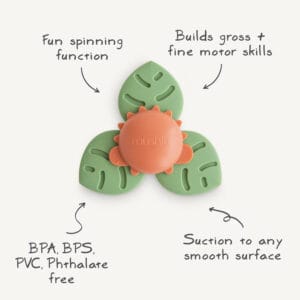 Mushie_babyspeeltje spinner dino uitleg materiaal