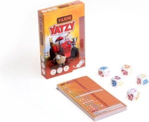 Dobbelstenen en scorekaart van Farm Yahtzee spel voor kinderen