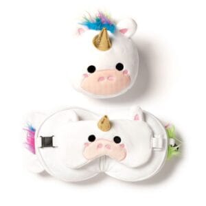 wit pluche unicorn reiskussen met slaapmasker kind voor auto en vliegtuig