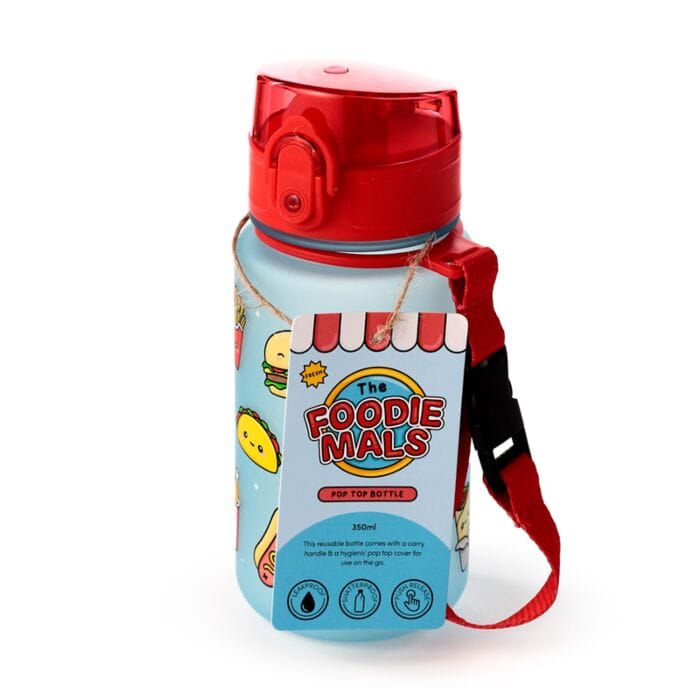 Kindvriendelijke waterfles met Foodiemals print en handige draagriem
